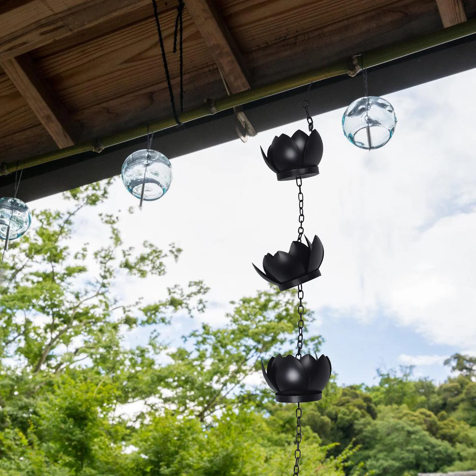 

Lotus Rain Chain Metal Black Plated Cups Outdoor Decorative Drainage for Gutters Garden Patio Rainwater Guide Elegant Downspout