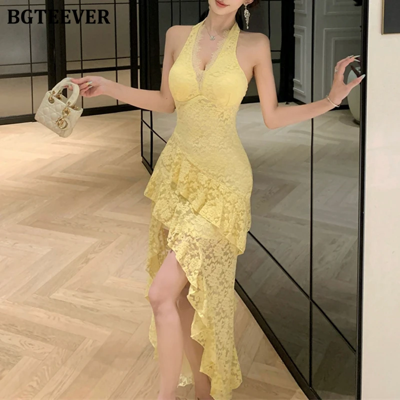 

BGTEEVER Elegant Halter Women Skinny Package Hip Lace Dress Summer Fashion Slim Waist Ladies Sleeveless Bodycon Irregular Dress