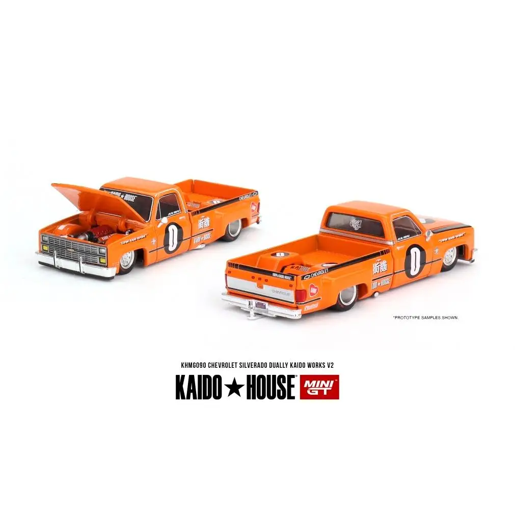 

TSM KAIDO HOUSE MINI GT 1/64 KHMG090 SilveradoI Dually KAIDO WORKS V2 #0 Orange Front Hoo Varnish Chase Die-cast alloy car model