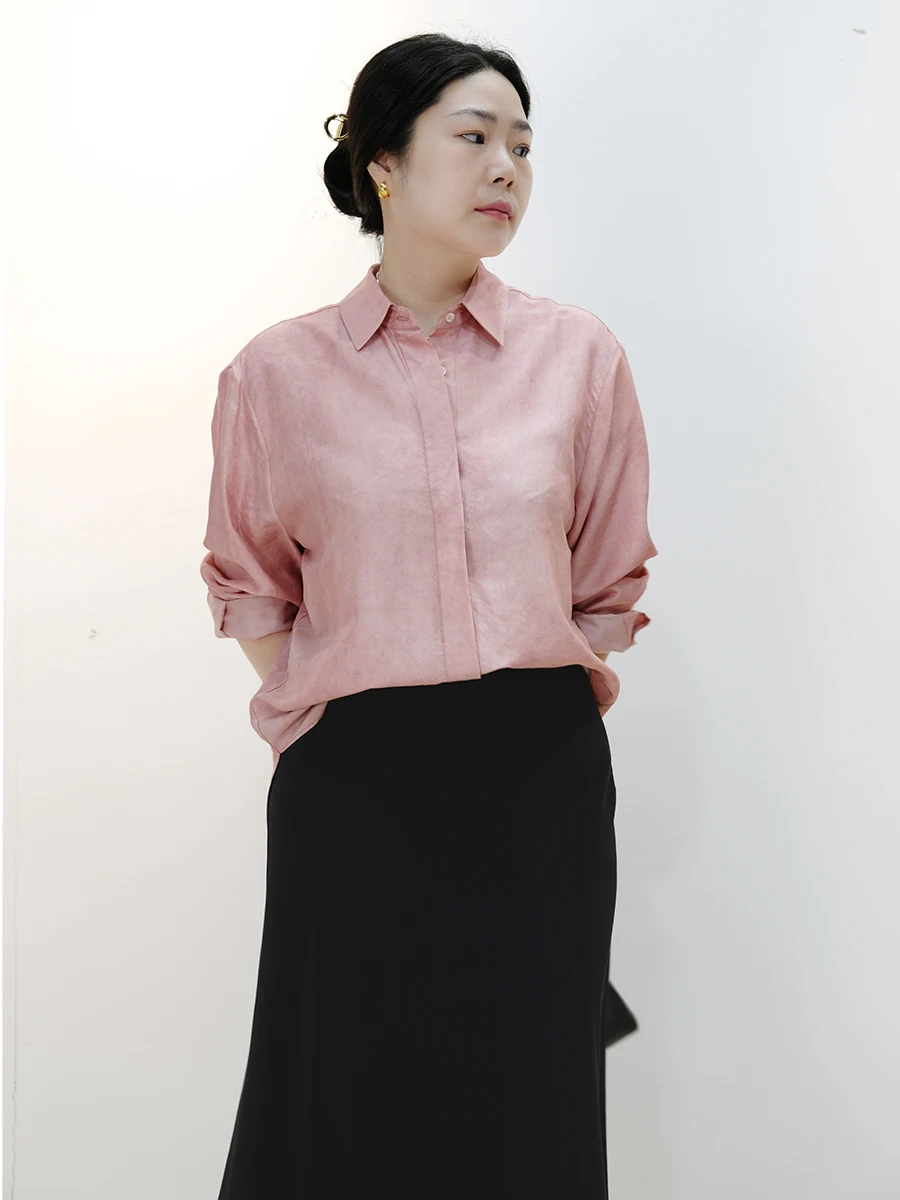 

Шелковая свободная блузка с воротником-стойкой для женщин, премиум-качество, розовая, весна-лето, новая, простая, элегантная