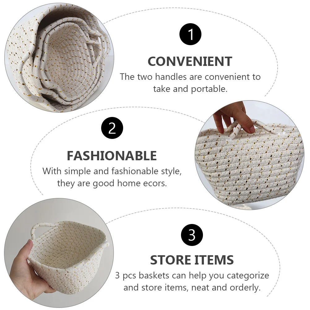 

3 pcs Cotton Rope Storage Baskets Friendly Hand Sewing Gold Thread Woven Laundry Food Desktop Child Bedroom