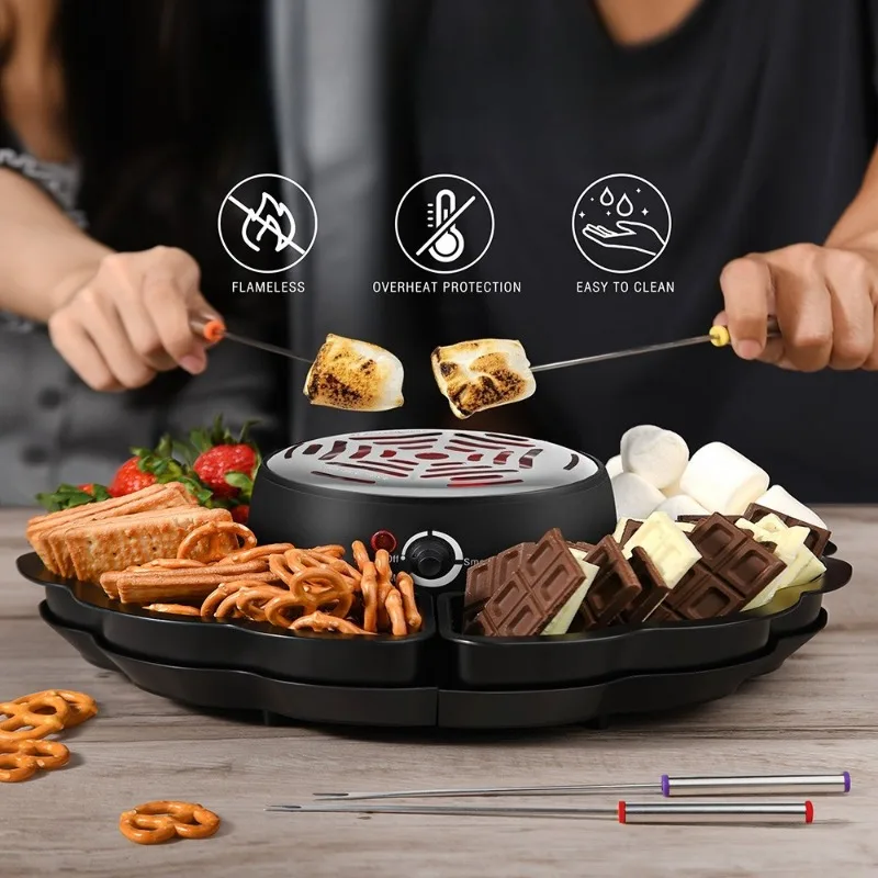 2-in-1 Chocolate Cheese Electric Cooking Pot, Stainless Steel Roasted Marshmallow Fireplace with Fruit Plate Household Gift Set