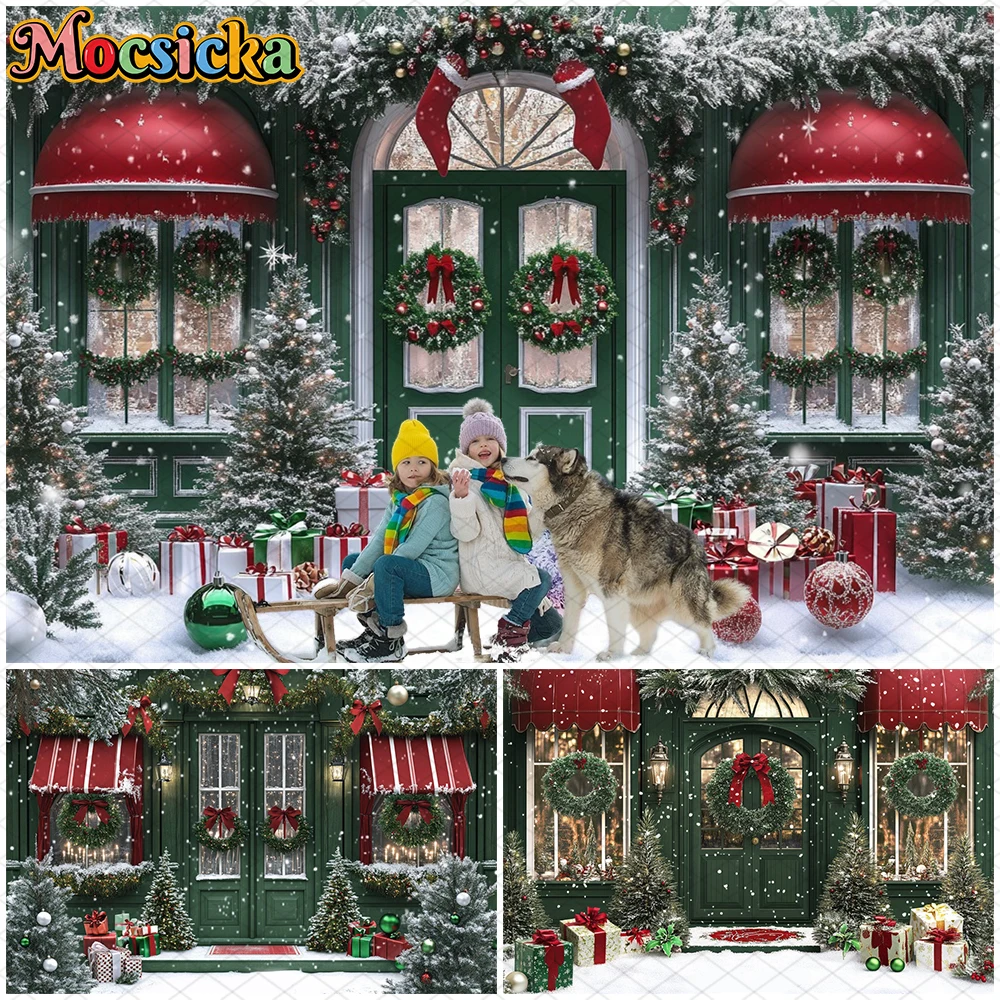 

Mocsicka Christmas Green House Backdrops Photography Winter Snowflake Party Photo Backgrounds Bow Wreath Tree Door Decors Banner