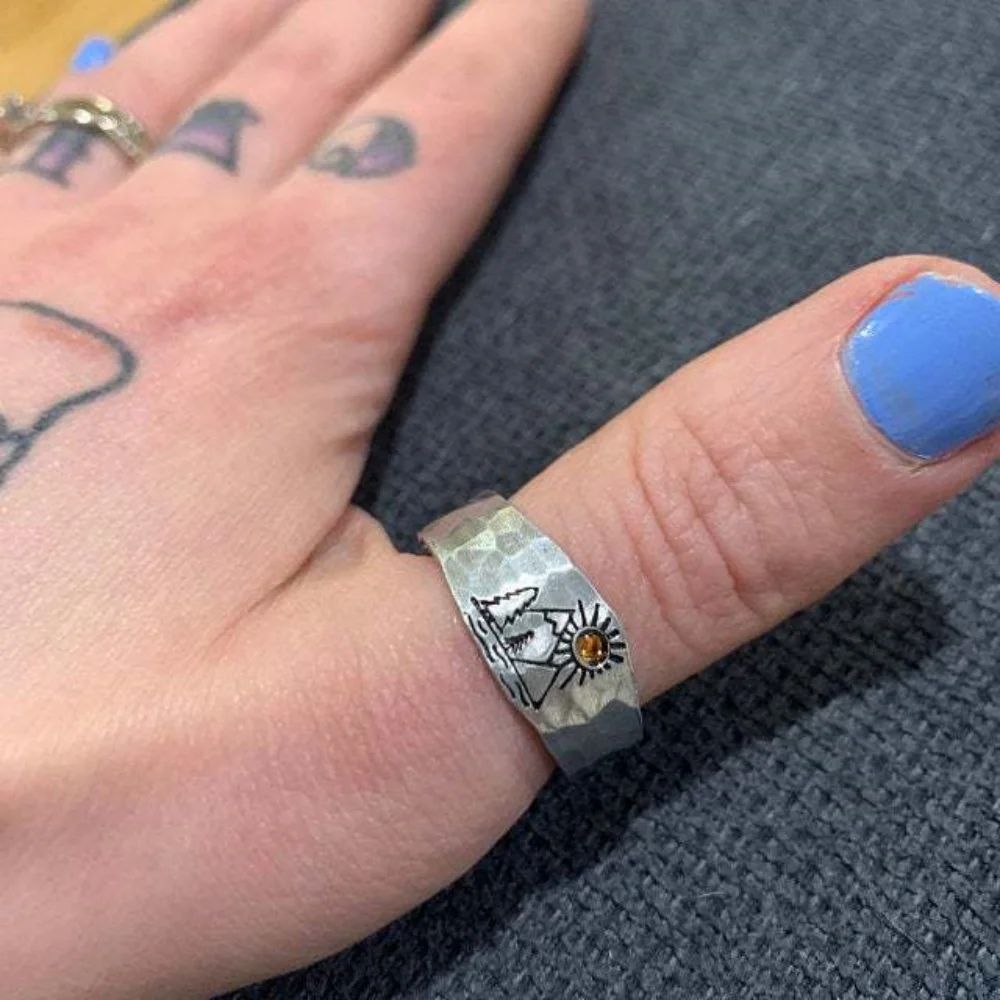 Vintage Ring Forest Mountain Sunset Natural Landscape Carving Ring Men and Women Open Adjustable Jewelry Fashion Ring Wholesale
