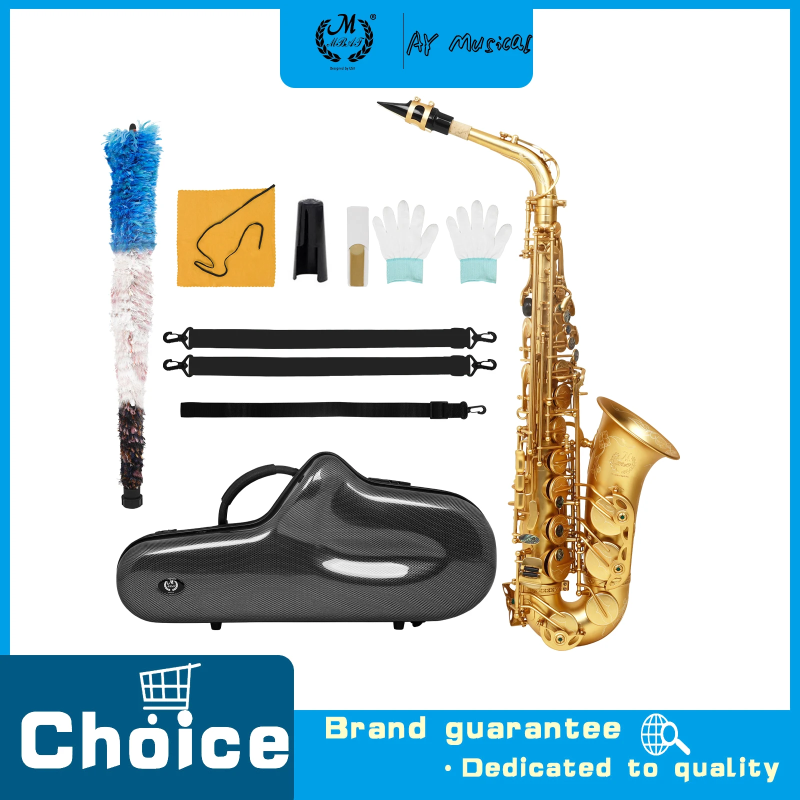 M MBAT Eb Alto Saxophone Matte Gold Lacquered Brass Body with Abalone Shell Keys with Hard Case for Saxophone Performance
