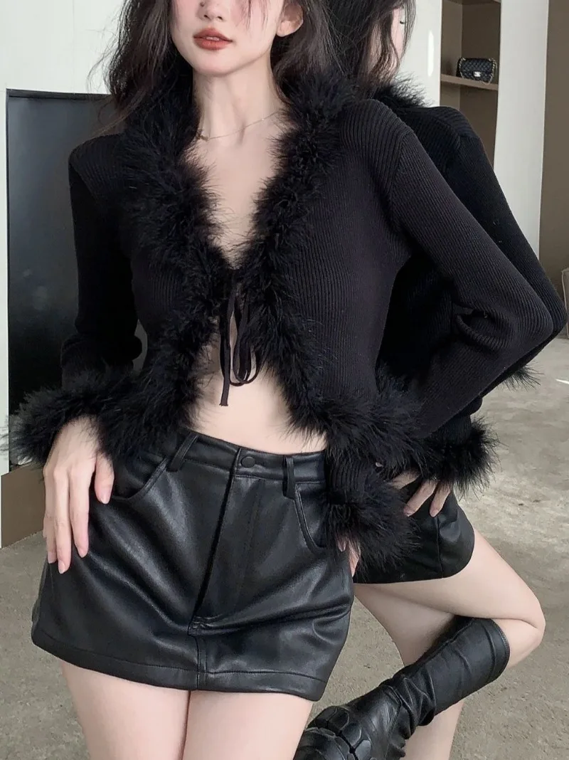 

Furry Long Sleeve Tops Women's Fuzzy Trim V-Neck Lace Up Cardigan Black Crop Top Female 2000s Clothing Y2k Fall Spring Outwear