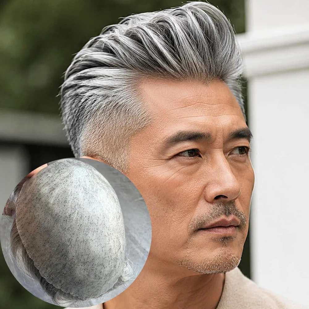 European 1b80 Grey Soft Wavy Black Brown Blonde Human Hair Durable Thin 0.1mm Skin Injection PU Base Toupee for Bald Male Patch