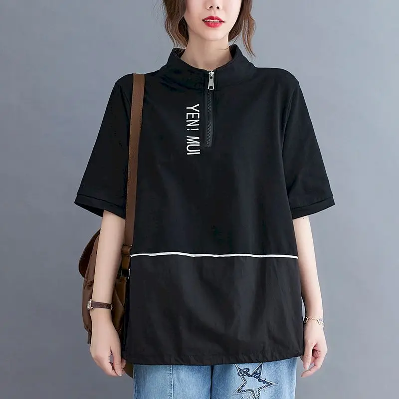 Oversized T Shirts Women Fashion Print Letter 98% Cotton T-shirt Zipper Design Short Sleeve Tops Summer Trend Thin Loose Tshirt