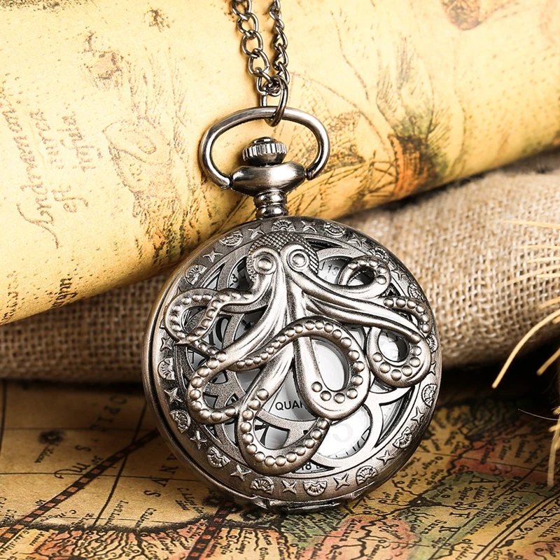 Retro Black & Bronze Octopus Quartz Pocket Watch With Necklace Chain Gift for Male Women Chronograph Hombre Relojes