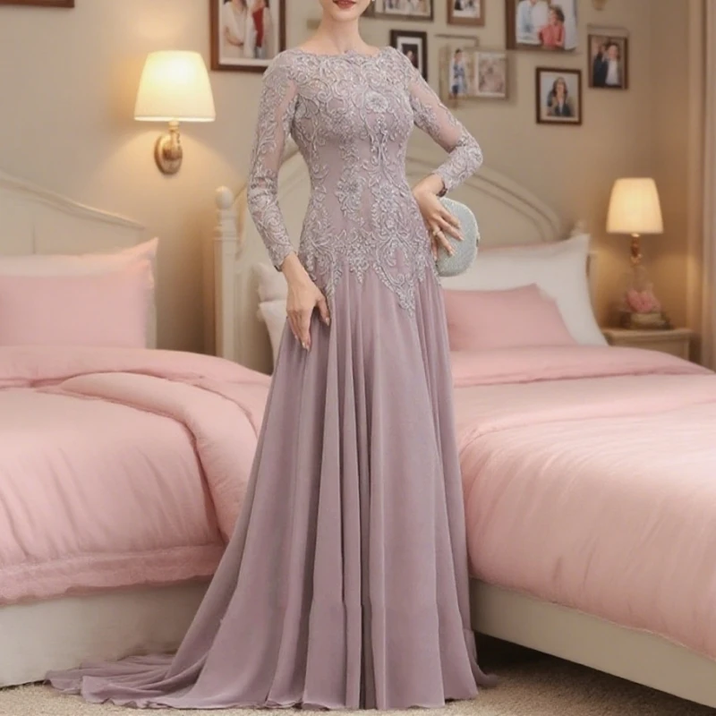

Full Sleeve Sheath Mermaid Mother of Bride Dresses with Lace Wedding Party Dresses Chiffon Vestidos De Noche Customized