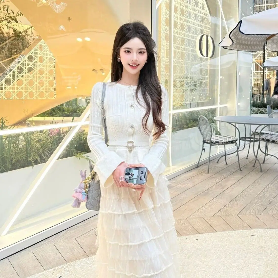 

Elegant High Waist Tulle Skirt with Ruffle Design And Diamond Buckle Korean Style Cake Skirt Polyester Fiber Midi Skirt