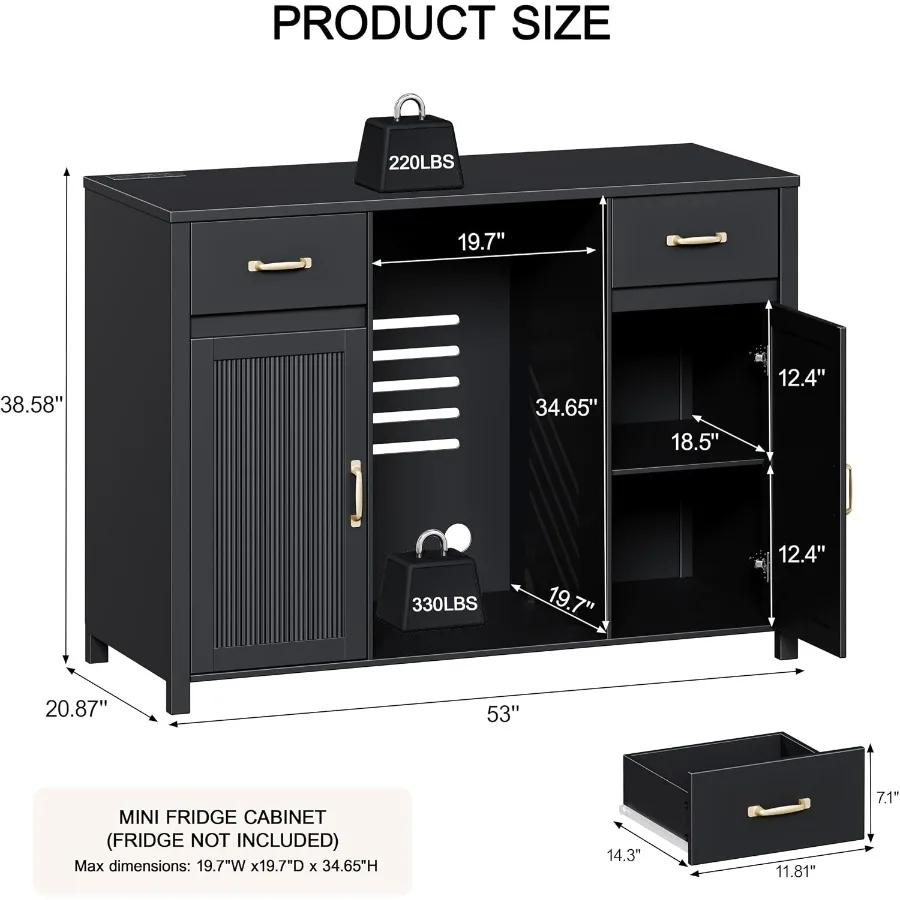 Coffee bar cabinet for commercial use, stainless steel, matte black, integrated fridge space and built-in power outlet