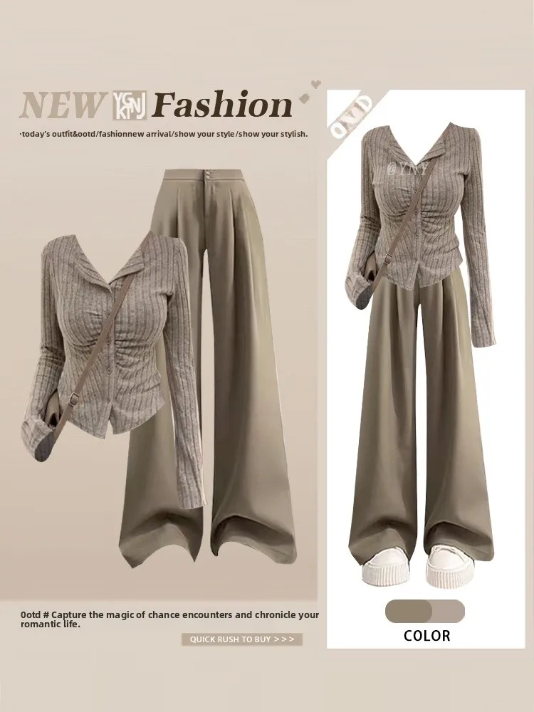 

Осенний Pure Desire Slim Fit Long Sve Трикотажные женские плиссированные повседневные брюки с высокой талией в стиле ретро, комплект повседневных брюк