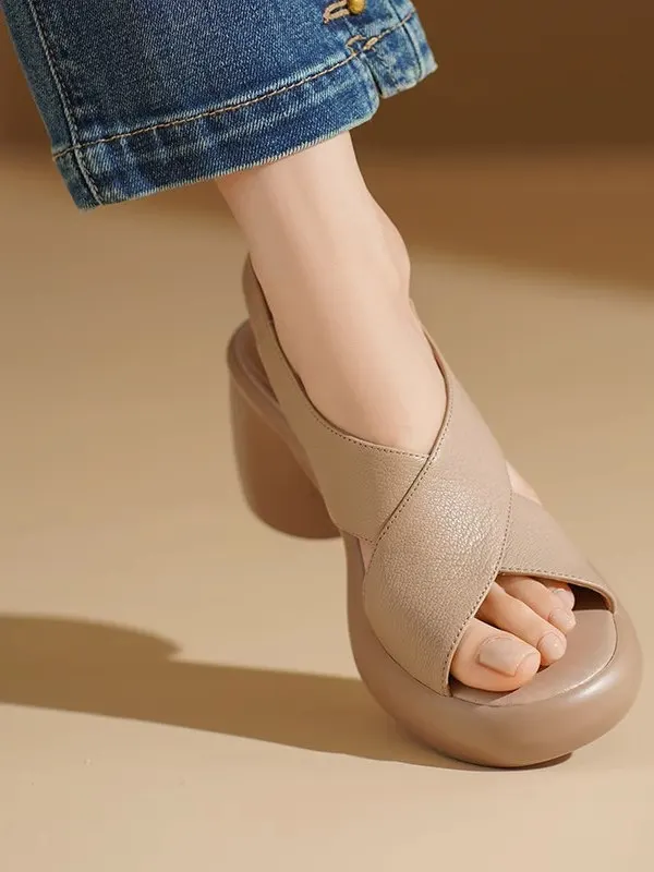 

Soft Leather Roman Sle Sandals Women's Summer Comfortable Thi Heel Cross Band Open Toe Leather oes Casual Sle