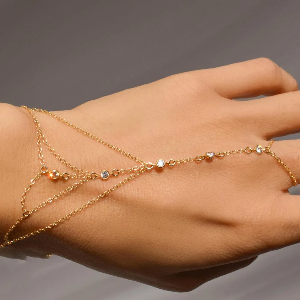 Triangle Hand Chain for Women Rhinestone Slave Bracelet Sparkly Elegant Chic Glam Minimalist Party Jewelry Present Box Packaging