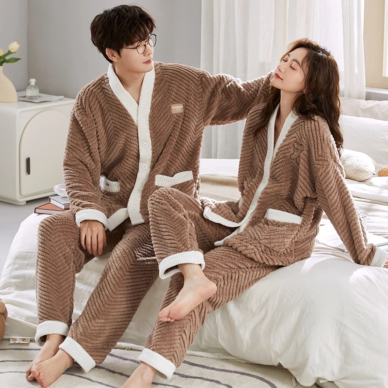 Japan Kimono Coral Fleece Pajamas Set for Couples Women and Men Matching Cardigan Sleepwear Young Girl Boy Pyjamas Mujer Hombre