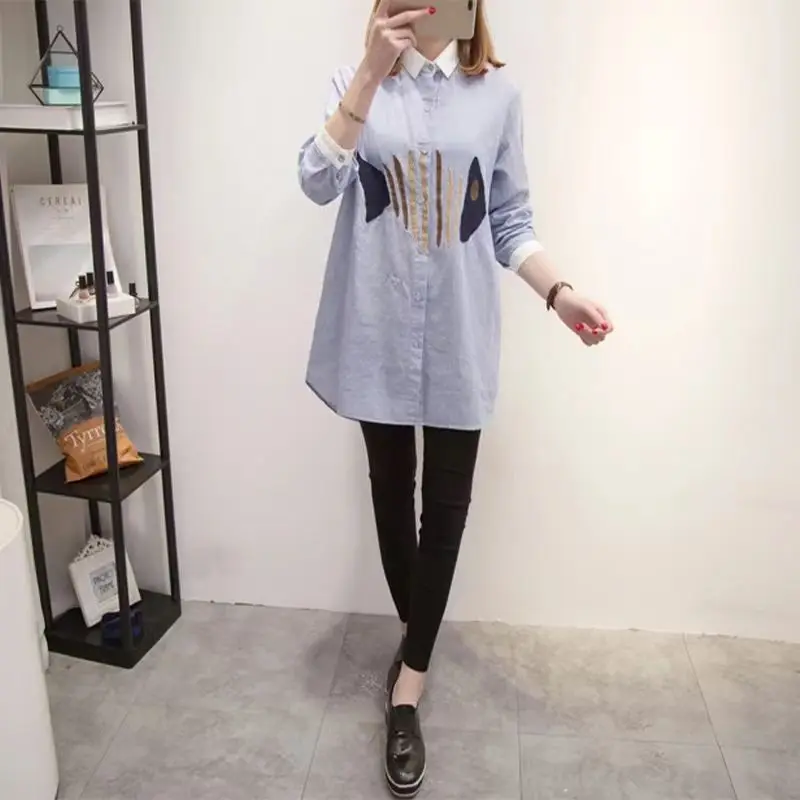 Spring Autumn New Turn-down Collar Long Sleeve Shirt Women High Street Printing Striped Button Cardigan Elegant Mid-length Tops