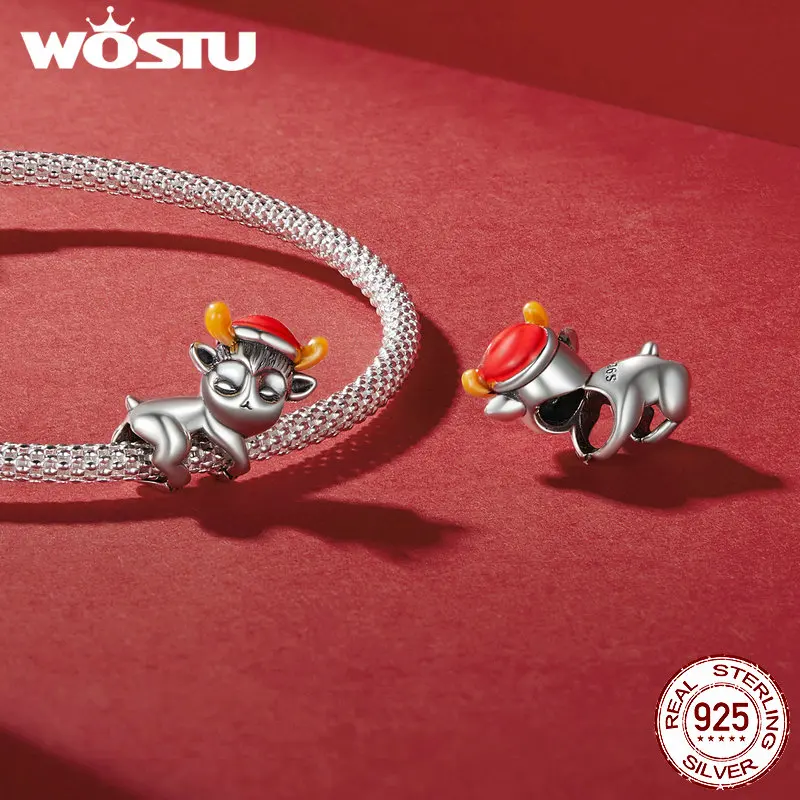 WOSTU 925 Silver Christmas Tree Car Beads Elk Snowflake Charm Snowman Puppy Cat Pendant Fit DIY Bracelet Necklace Cute Xmas Gift