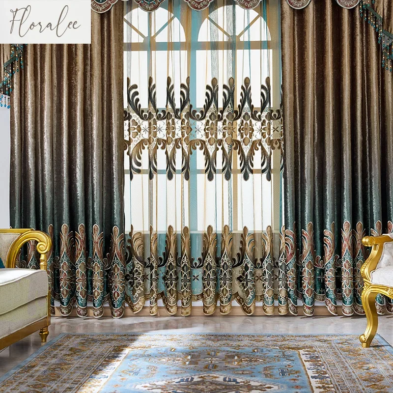 Luxurious embroidered curtains for villa living room dining room blackout cloth modern European style high-end curtains custom