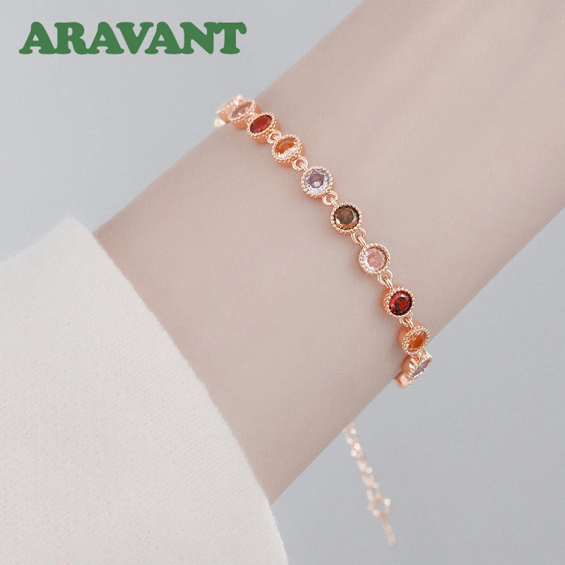 Aravant 925 Silver 18K Gold Round Multicolor Zircon Bracelet Chains For Women Girls Jewelry