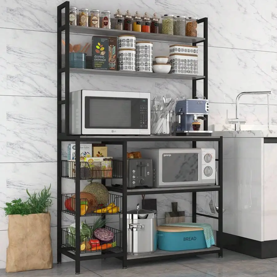 Kitchen Bakers Rack With Baskets,Freestanding Kitchen Shelf,5-Tier Kitchen Utility Storage Shelf With Hooks, Microwave Oven Stand Rack,Multifunctional Kitchen Storage Rack,Coffee Bar Station,Grey