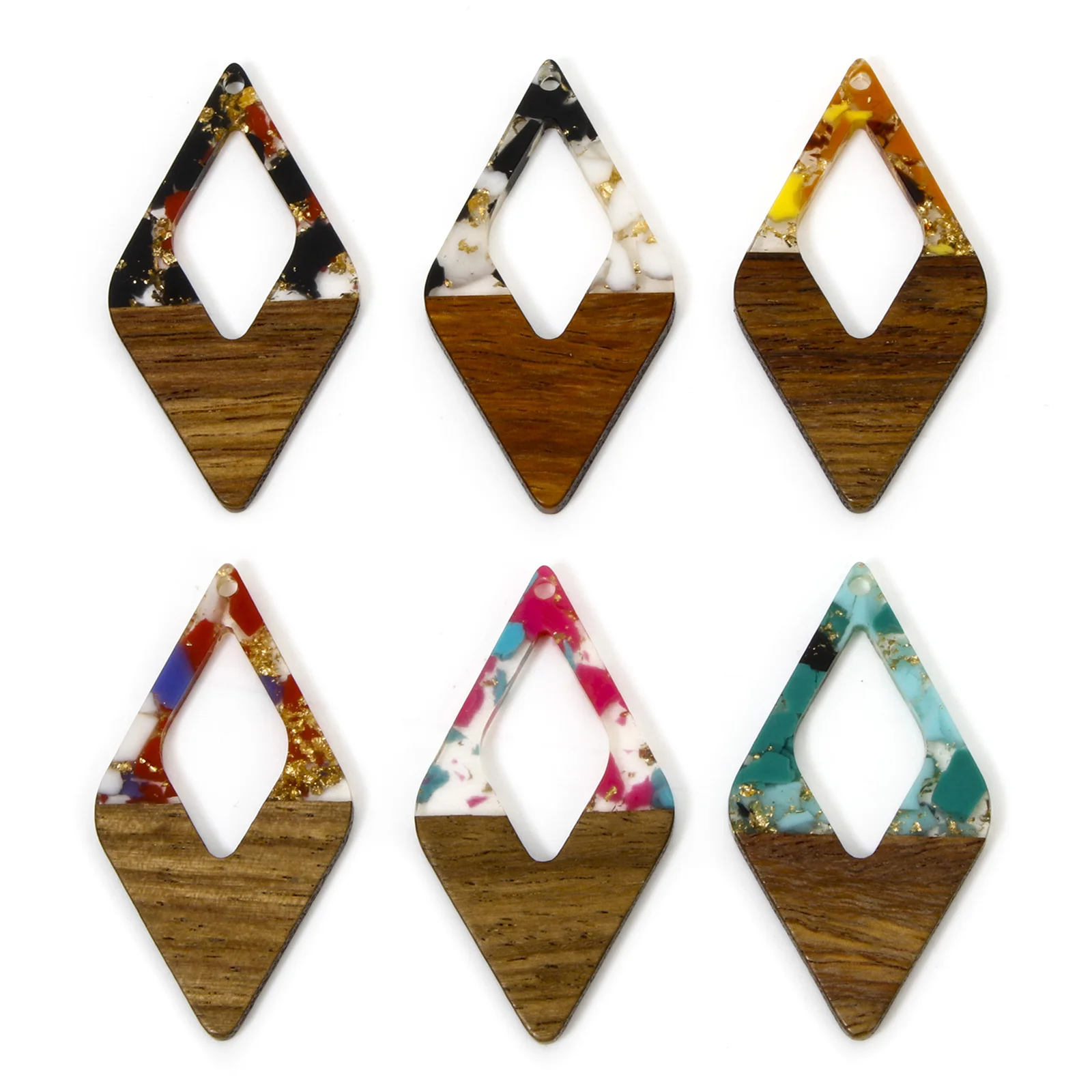 2pcs Vintage Wood Effect Resin Pendants Multicolor Rhombus Gravels Chips Charms DIY Necklace Earrings Women Jewelry 4.8cmx2.6cm