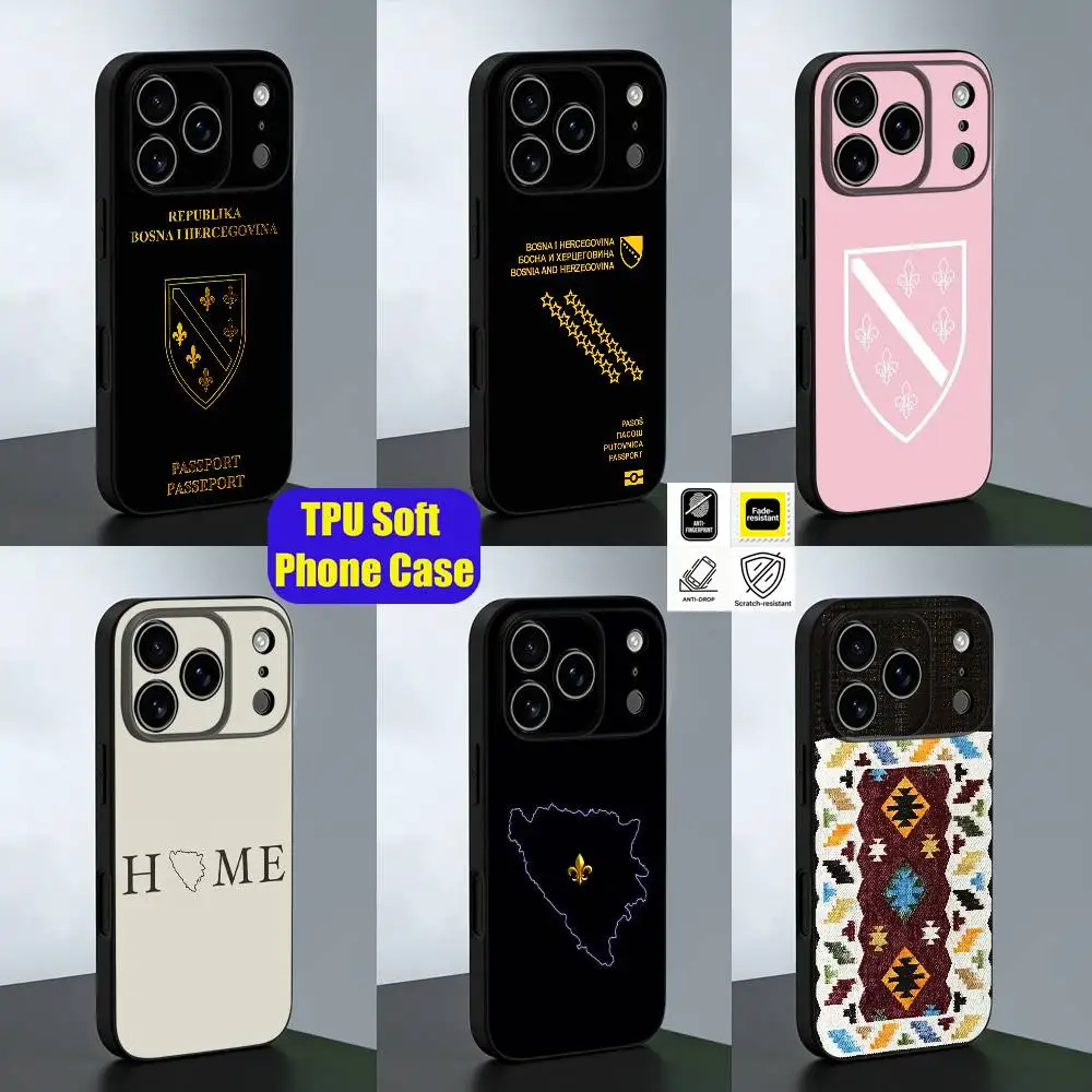 For Bosnia Herzegovina Passport Motif Carpet Flag Phone Case iPhone 15,16,17,13,14,11,12,Pro,Max,Plus,E,Air,Mini Custom Black