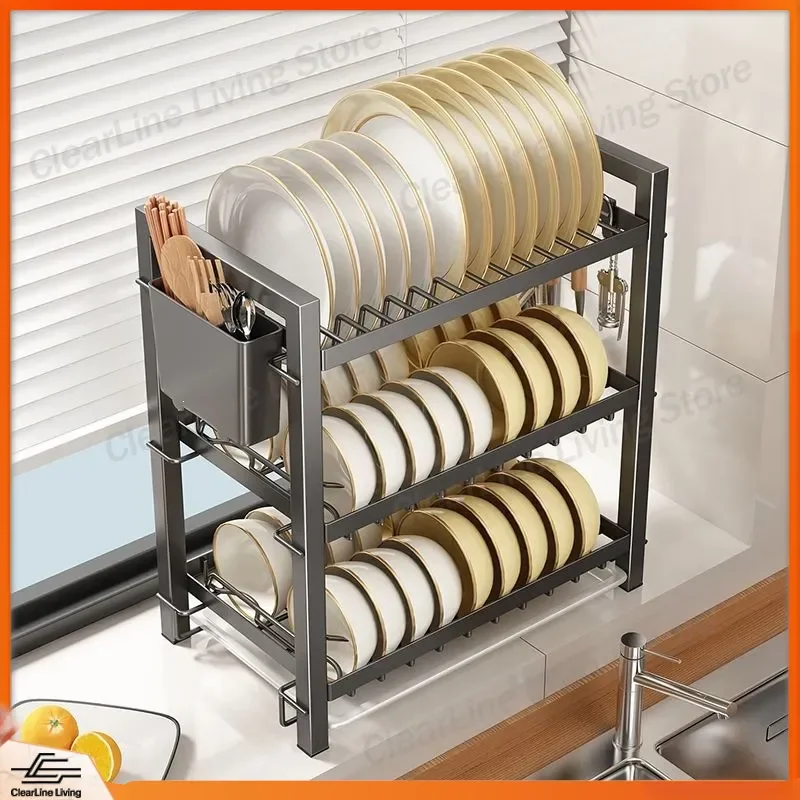 Multifunctional Kitchen Dish Storage Rack with Drain Tray for Plates Cups Utensils Tableware Organizer Shelf for Cabinet
