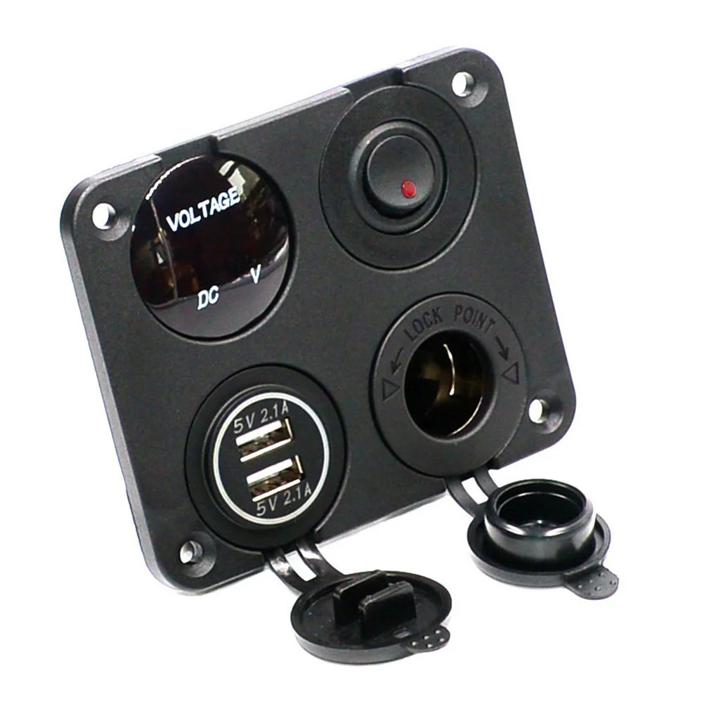 

4 in 1 Universal Socket Panel with 2.1a Dual USB Ports Blue LED Voltmeter 12-24V Switch for Car Boat Rv Truck Atv Marine