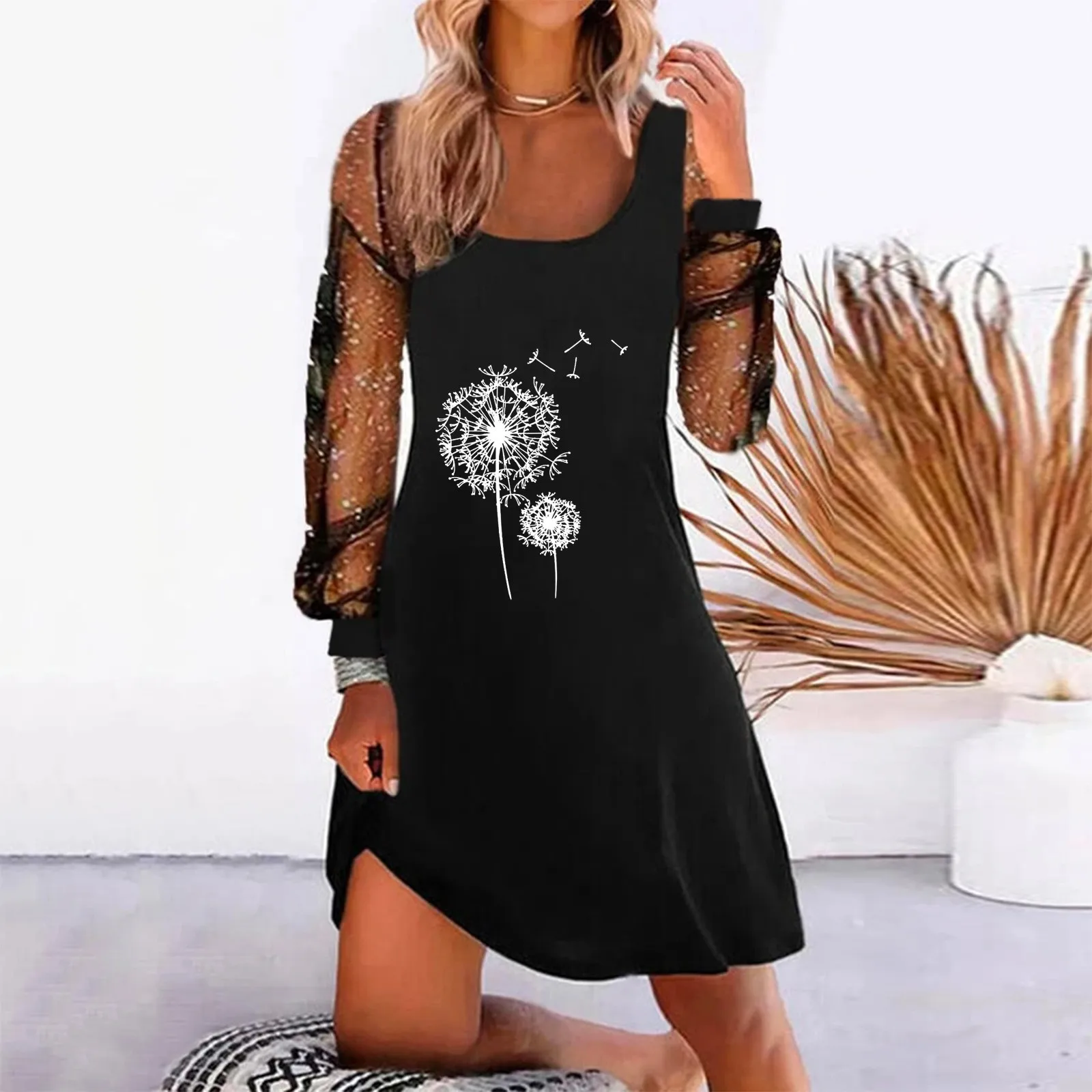 

Women Elegant Mesh Long Sleeve Dress 2023 Summer Dress Round Neck Black Whtie Dandelion Printed Ladies Loose Casual Dresses