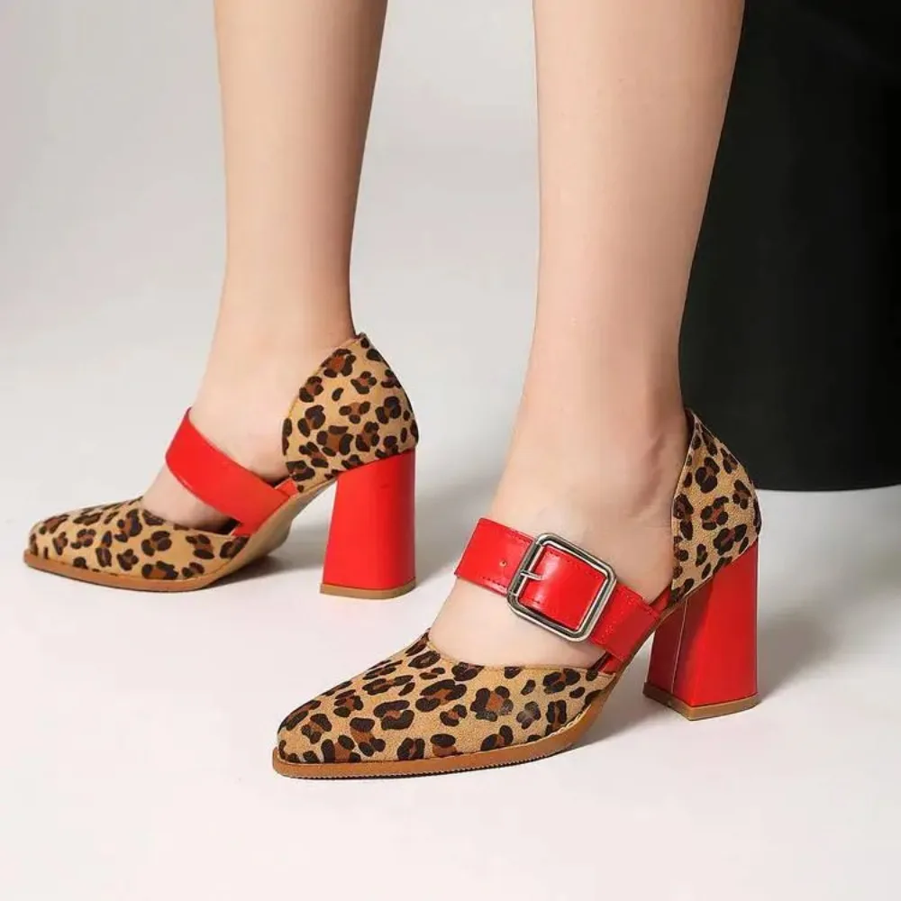 Spring  Autumn New Model Fashion High Heels Nude Shoes Color Blocking Pointed Tip Buckle Leopard Print Sexy Party Women's Shoes
