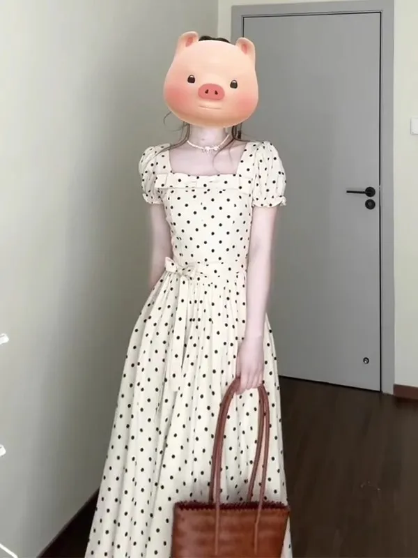 Ele White Polka Dot Dr Damska Zimowa Kolekcja 2025 Nowa Elegancka Długa Sukienka z Podkreśleniem Talii Dr Casual Bubble Sve A-Line S...