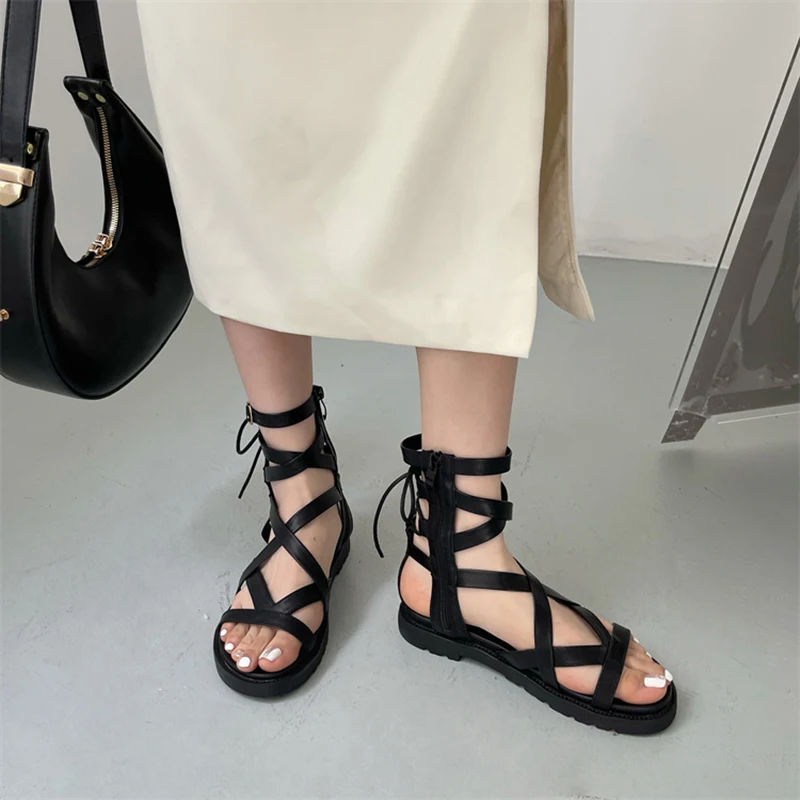 

ZOOKERLIN 2024 Summer New Flats Sandals Waterproof Platform Open Toe Cross Strap Buckle Woman Shoes Fashion Roman Sandals Hollow