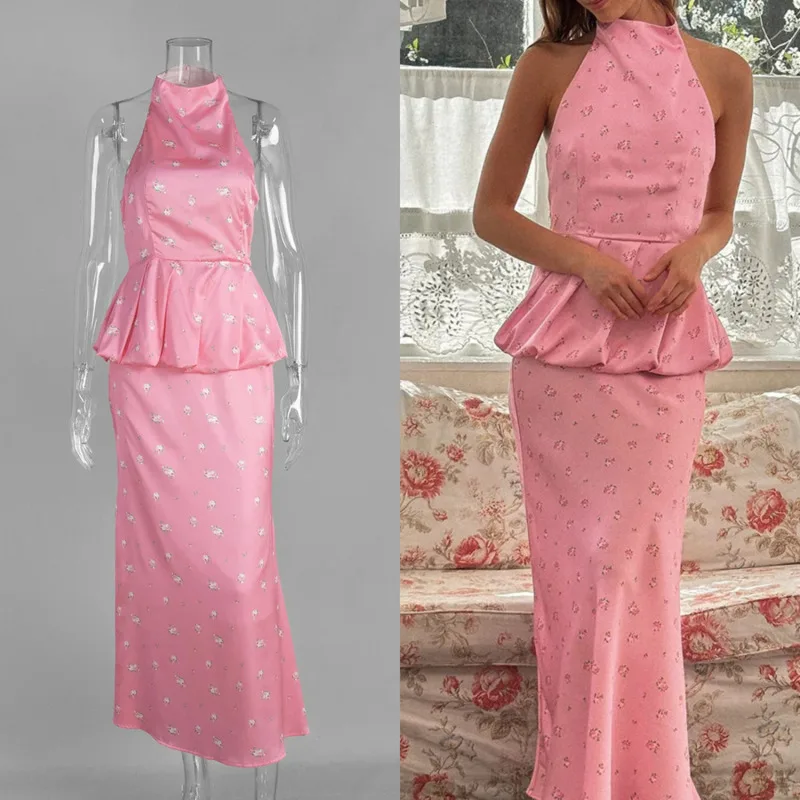 

Fashion Polyester Printed Bubble Hem Backless Vest Elegant Satin High Waisted Skirt Chic Summer New Women's Two Piece Dress Set