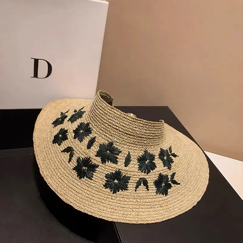 New Korean Fashion Empty Top Raffia Flower Embroider Straw Hats Women Holiday Casual Sun Hat High Quality Sombrero Mujer Playa