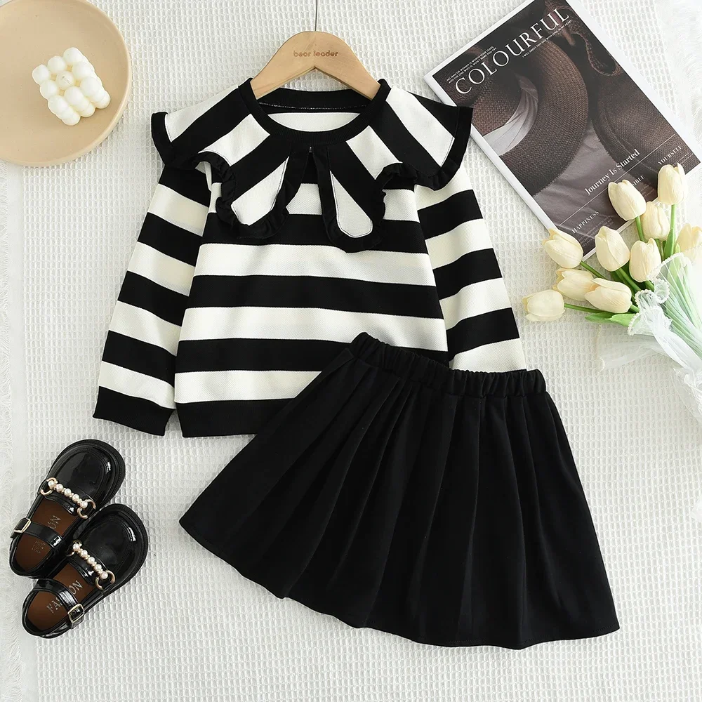 Autumn Fashion New Children's Sets Black and White Striped Lapel Top+Pleated Skirt Girls' Casual Clothes for 3 4 5 6 7 Years Old