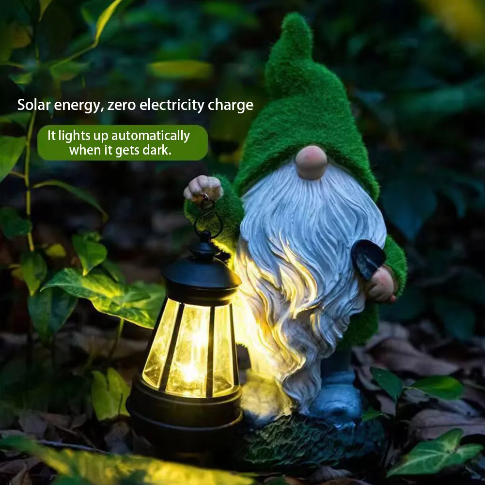 

Flocked Gnome Statue with Solar Light Decorative Moss Gnome Figurine Waterproof Outdoor Gnome Decoration for Outdoor Decor