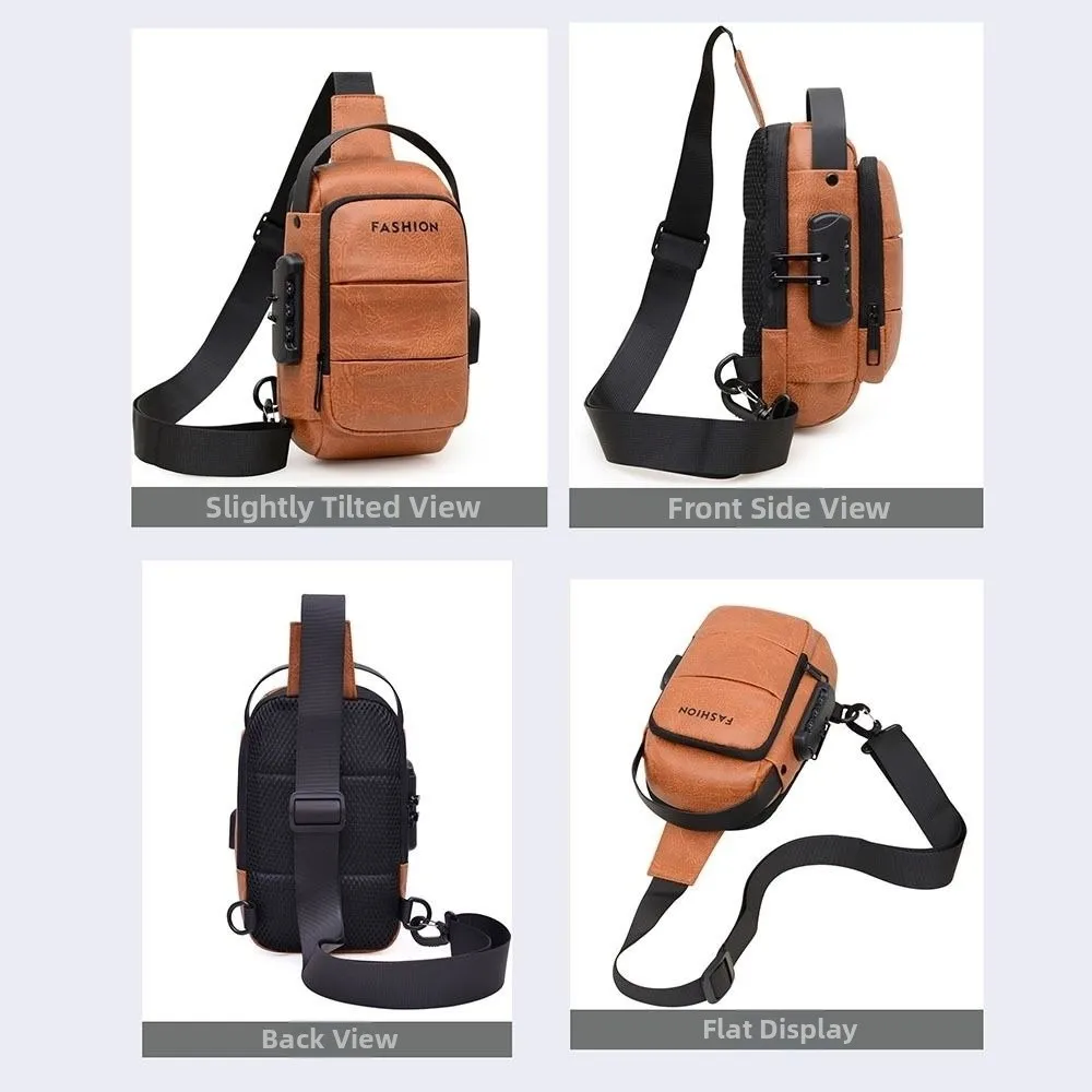 

Lightweight Anti Theft Password Lock Men's Chest Bag with USB Port PU Waterproof Crossbody Bag Shoulder Bags for Outdoor Sports