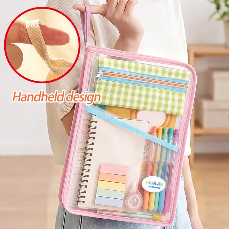 

L-Shaped Zipper Mesh Document Bag Large Opening File Folder with Small Inner Pocket School Paper Storage Pouch