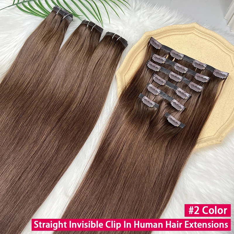 #2 Color Invisible Seamless Clip in Hair Extensions Straight PU Weft Clips In Double Weft 100% Raw Virgin Human Hair 7PCS/100g