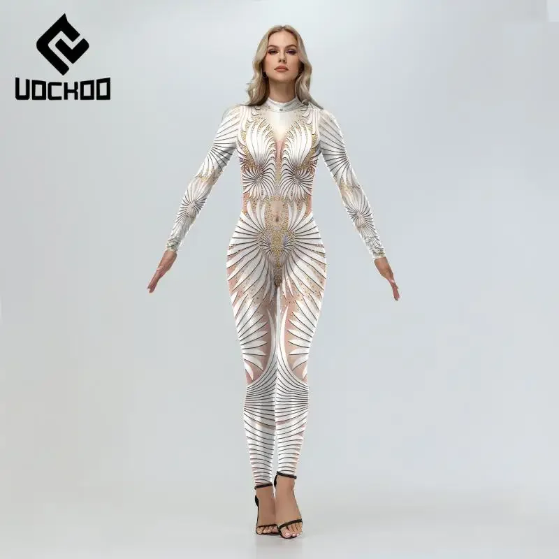 White Printed Sexy Jumpsuit for Women Carnival Party Cosplay Costume Fashion Sexy Bodysuit Stage Performances Zentai Clothes