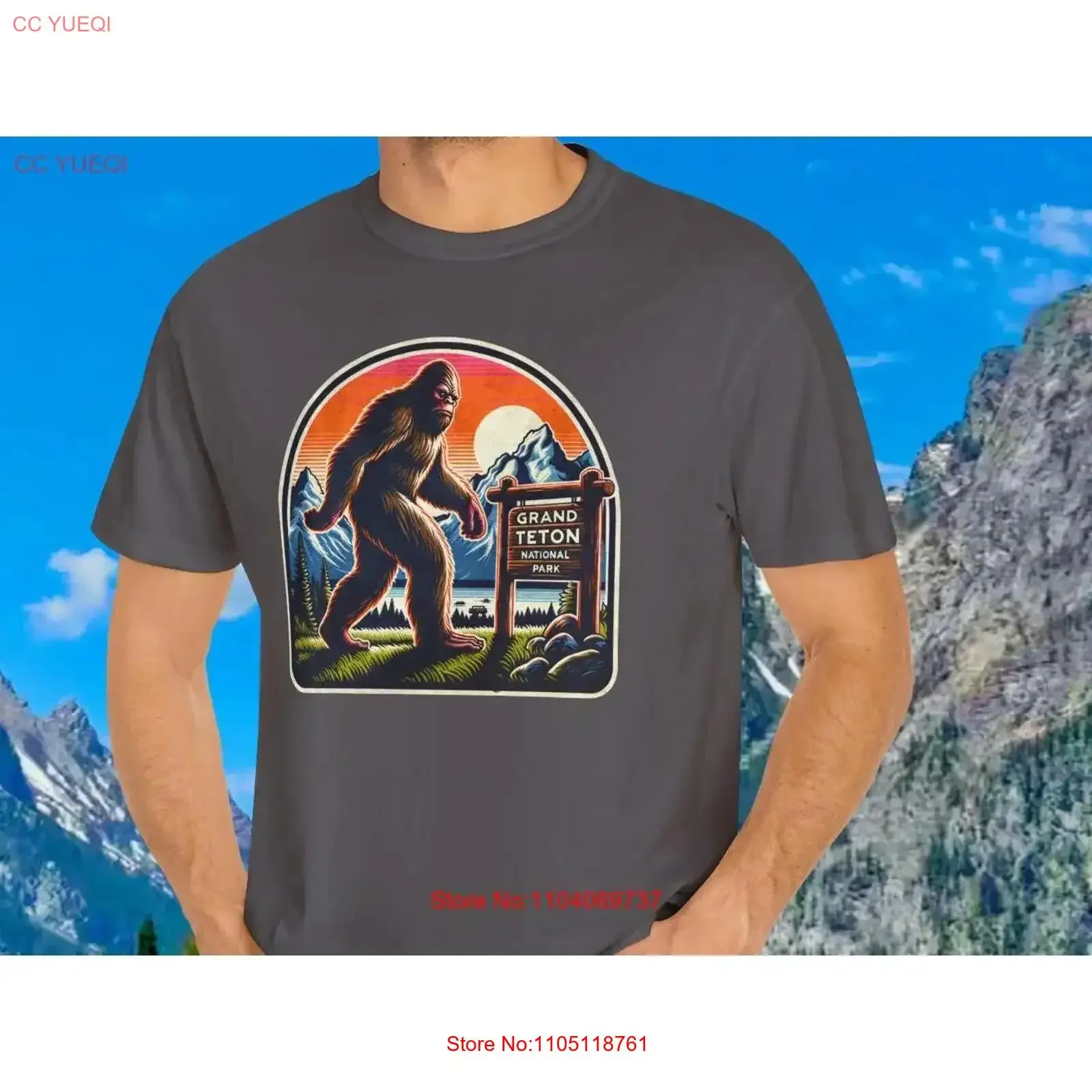 

Ретро Bigfoot at Sunset Grand Teton National Park Colors Свободная посадка Одежда Окрашенная винтажная футболка S 4XL Sasquatch Nature