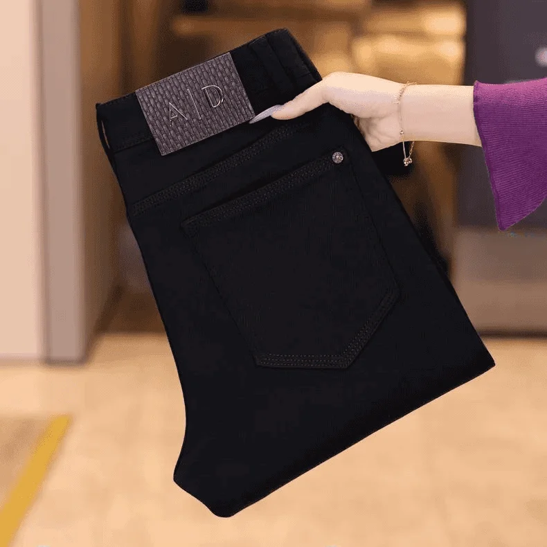 

Non-Fading Black Fleece-Lined Slim Fit Men's Jeans Casual Elastic Autumn Winter New Style Cotton Polyester Blend Wear Resistant