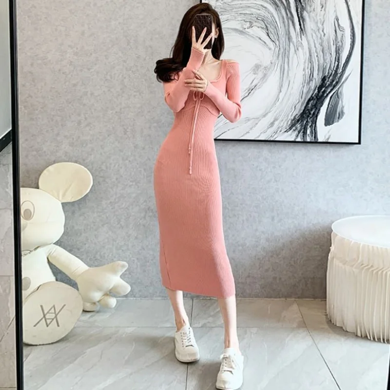 Sweater Dress Woman Autumn Winter 2024 Female Knit Dresses Casual Midi Bodycon Wrap Sexy For Fall And Winter Pink High Quality