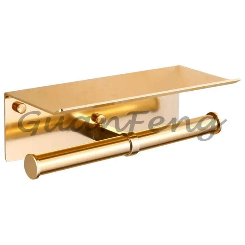 Gold Wall‑Mounted Double Roll Toilet Paper Holder, Multi‑Functional Tissue Dispenser with Shelf for Bathroom
