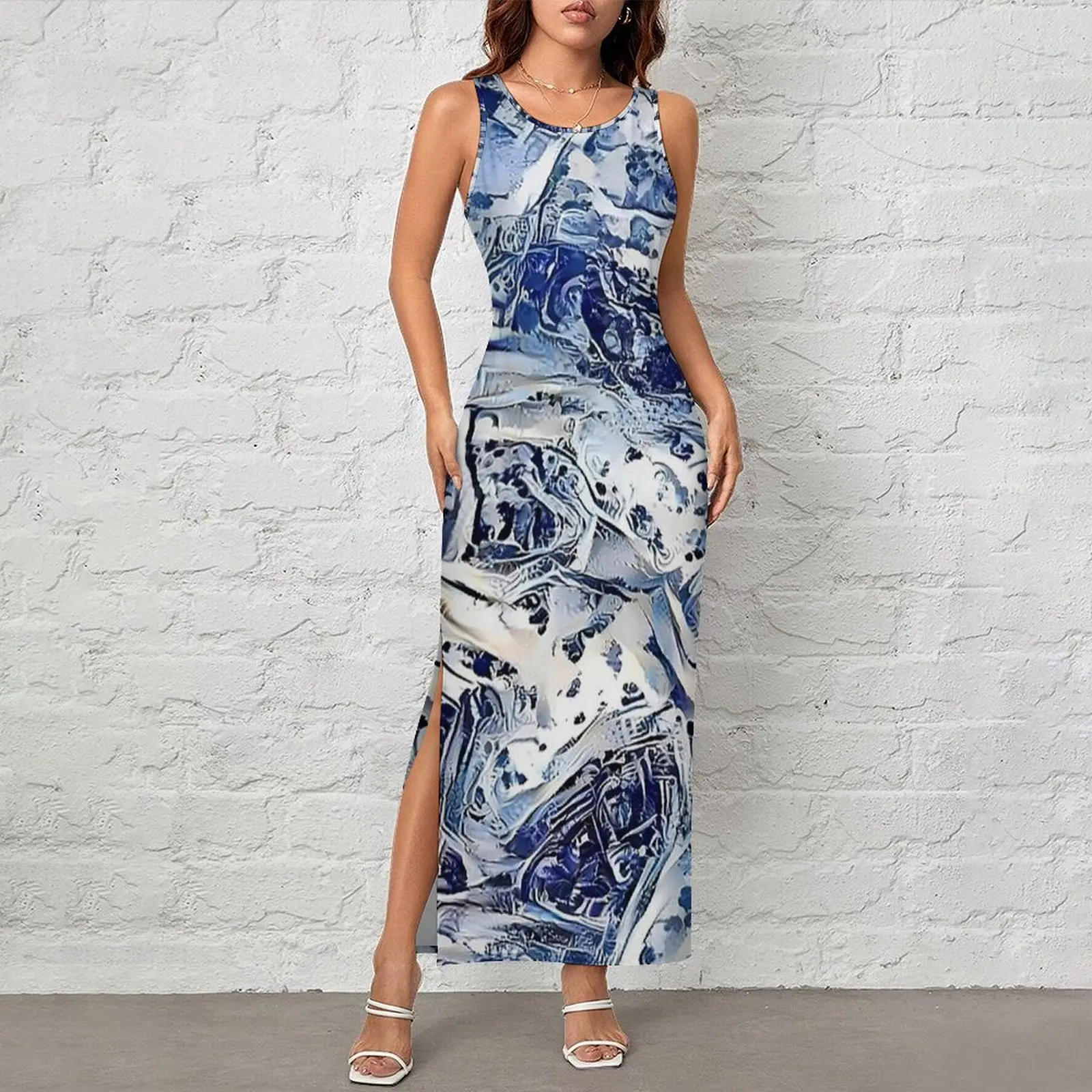 Blue White Abstract Texture Print Bodycon Dress Summer  Trendy Maxi Dresses Ladies Sleeveless Custom Casual Y2k Dress Big Size