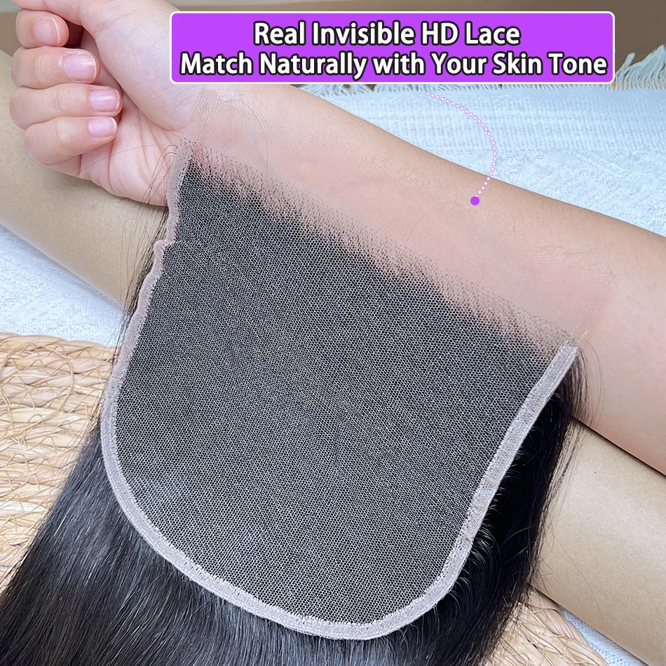 Straight 6x6 HD Invisible Lace Closure Human Hair #1B Natural Color Deep Parting Preplucked Bleached Knots Lace Raw Virgin Hair