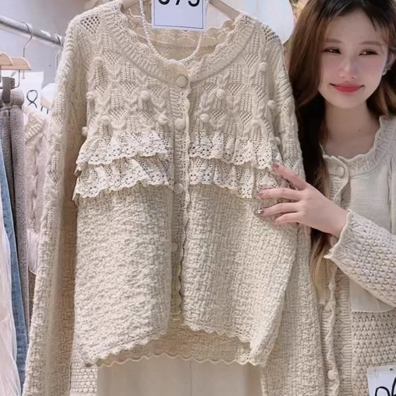 French Vintage Lace Lace Patchwork Sweater Coat Women Elegant O-neck Cardigans Sweet Long Sleeve Knitted Cardigan Spring Autumn