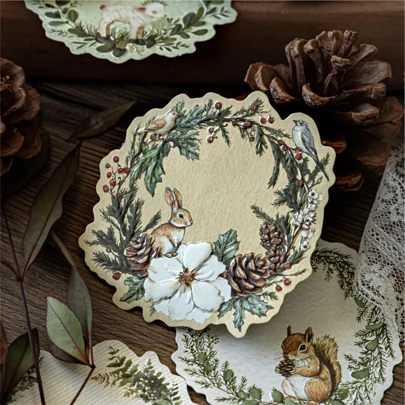 Card Lover 10 Pcs [Forest of All Things Series] Embossed Retro Wreath Theme White Kraft Paper Journal Stickers For Scrapbooking