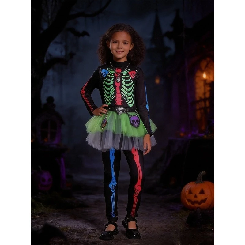 Rainbow Horror Skeleton Tutu Dress Kids Themed Party Costume Demon Dress Cheerleading Human Skull Costume